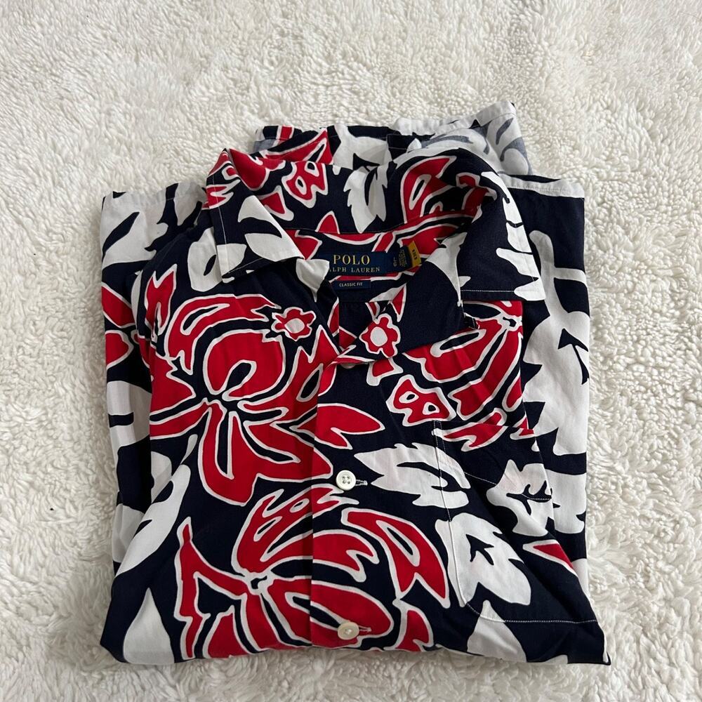 Polo Ralph Lauren Mens Hawaiian Shirt Sz L Navy Red Preppy Summer Country Club
